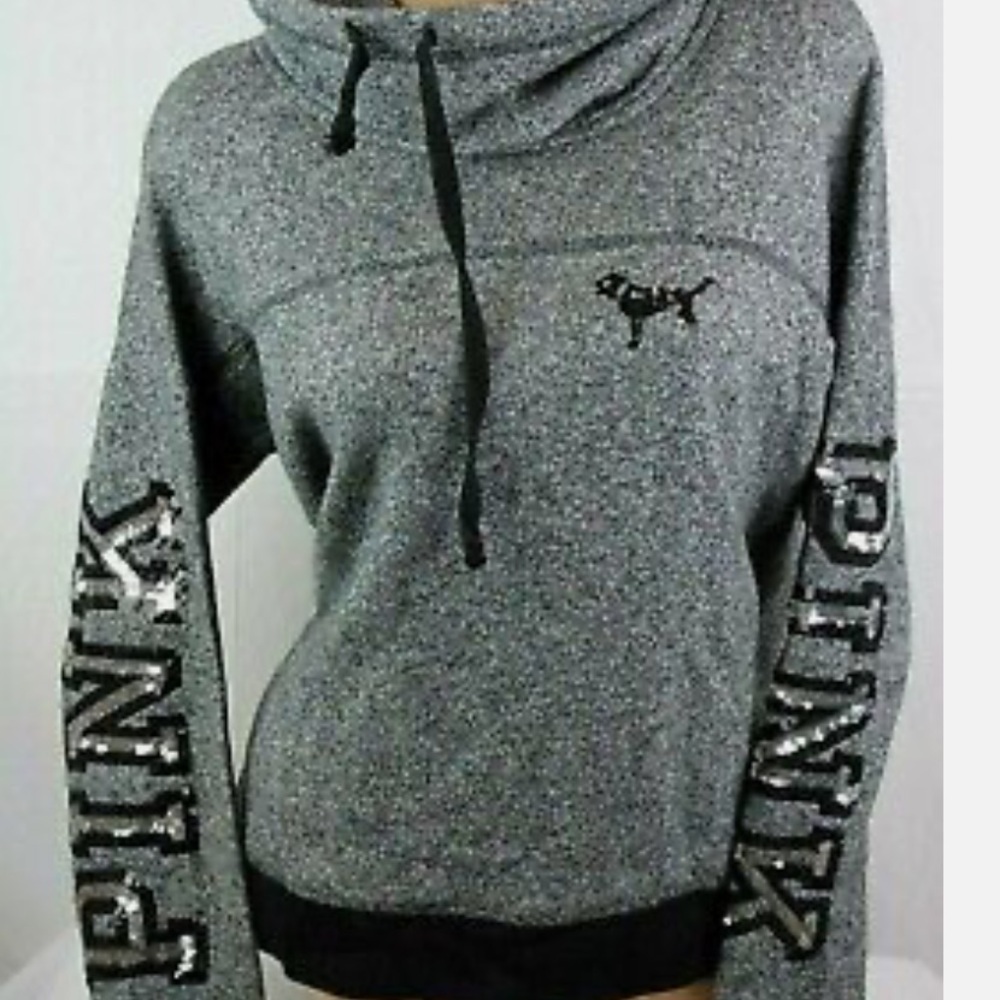 Victoria's Secret PINK Gray Marled Cowl Neck Pullover Sequin Bling Logo M